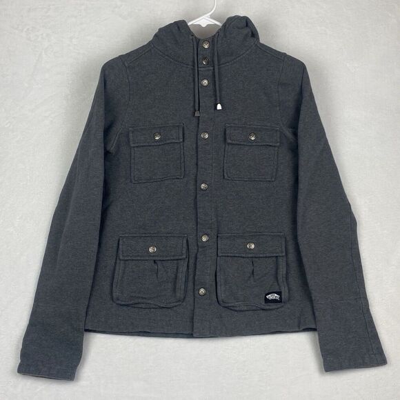 Vans Sweater Jacket Womens Small Gray Hooded Pockets Snap on Sweatshirt Casual - Picture 1 of 8